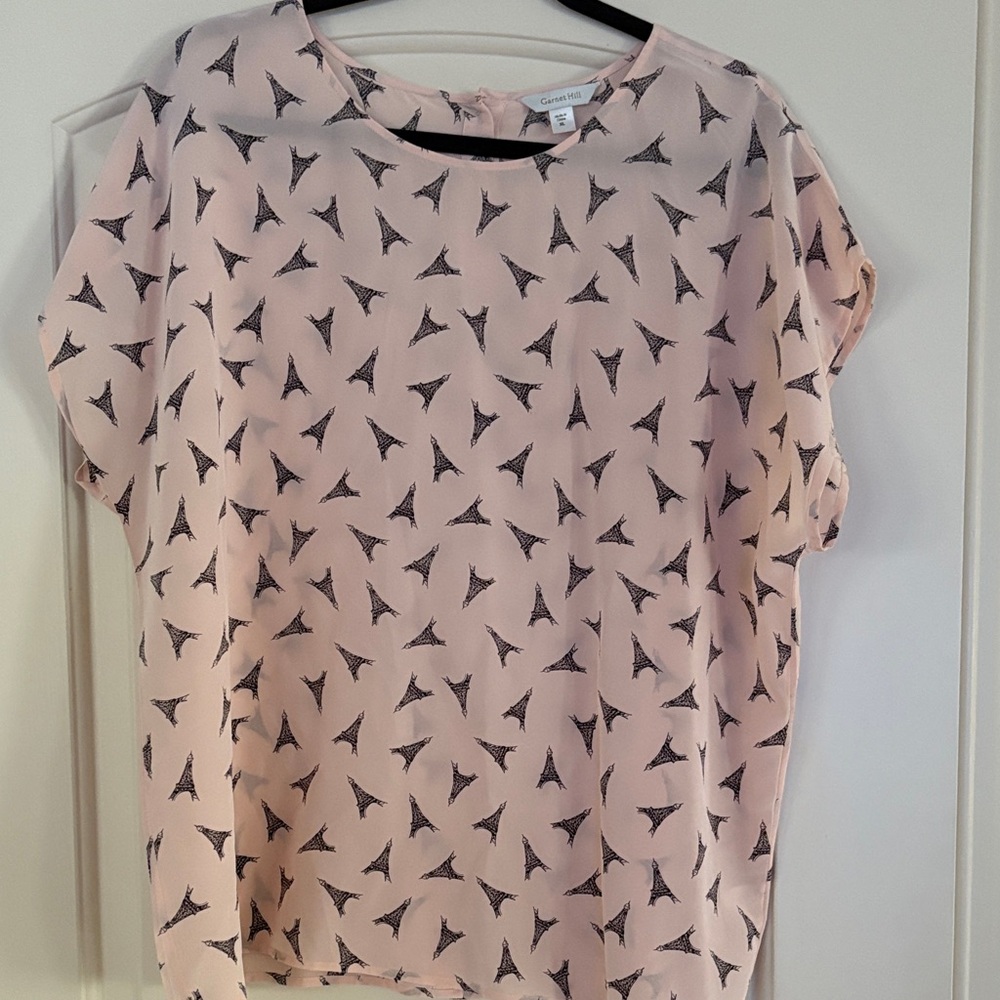 Garnet Hill Light Pink Silk Blouse with Black Eiffel Tower Pattern Size XL NWOT